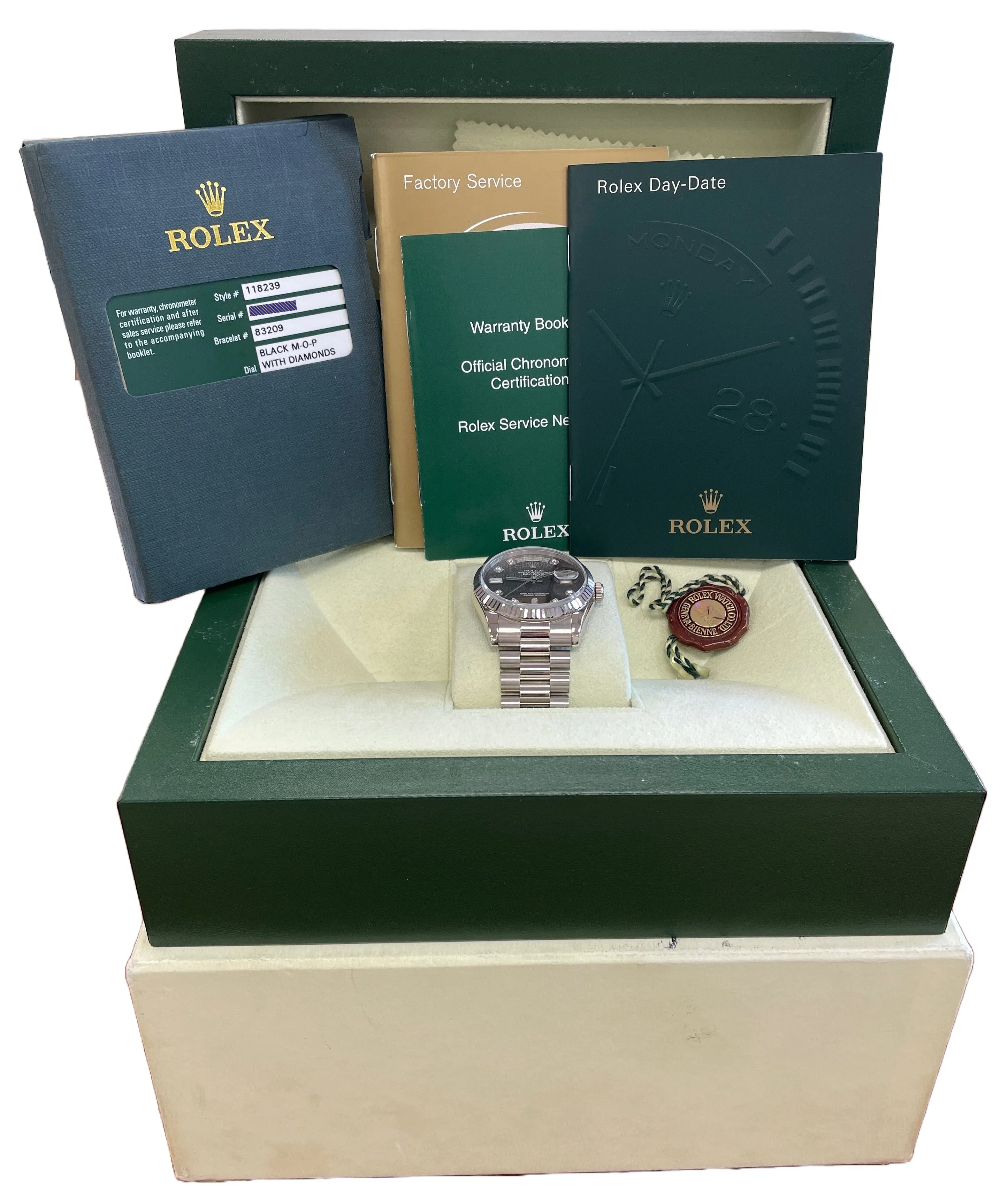 2011 PAPERS Rolex Day-Date President 36mm DARK MOP DIAMOND 18K REHAUT 118239 BOX