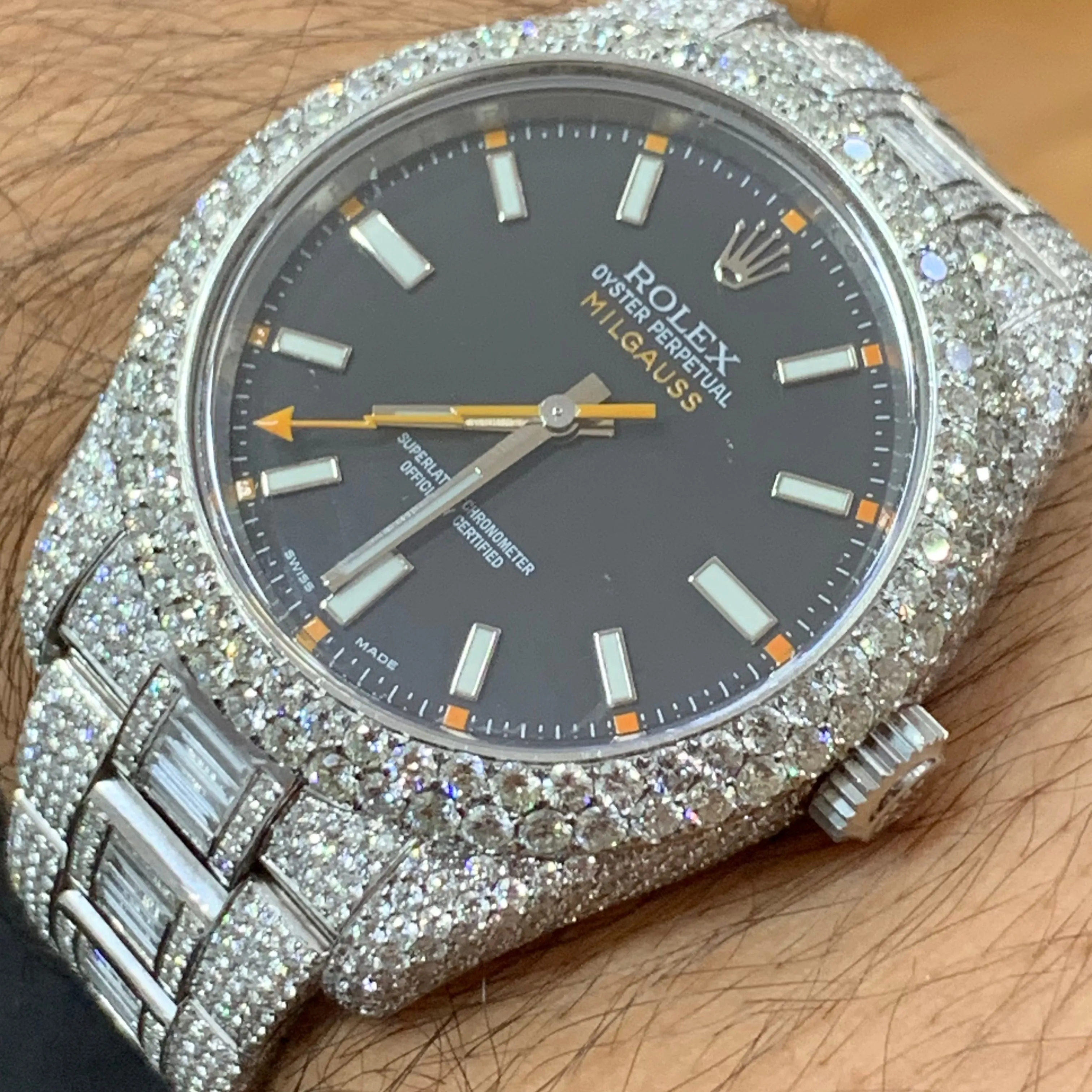 40mm Iced out Rolex Milgauss Watch with Stainless Steel Oyster Bracelet