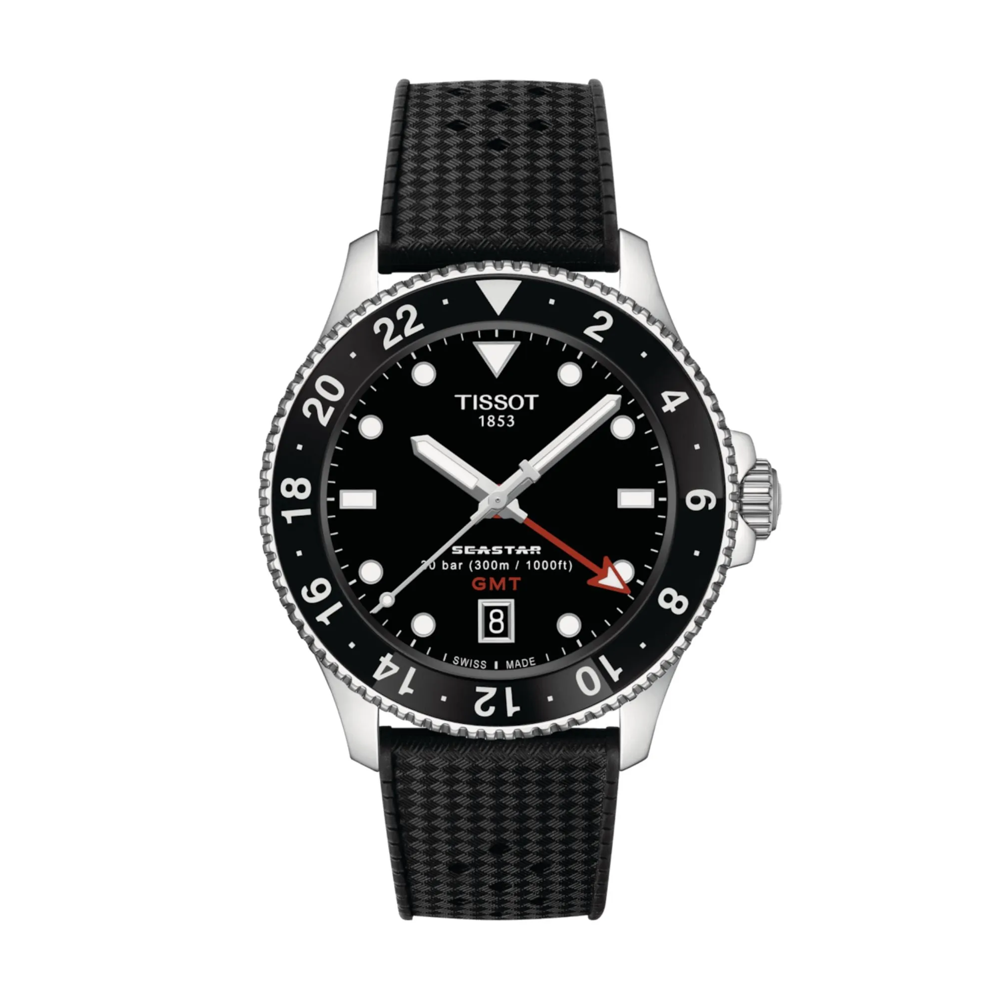 40MM TISSOT SEASTAR 1000 GMT QUARTZ WATCH WITH BLACK DATE DIAL