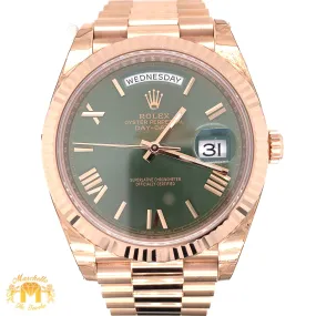 41mm Rolex Day Date II Presidential Watch with Rose Gold Oyster Bracelet (olive dial, 1ct diamond earrings included)