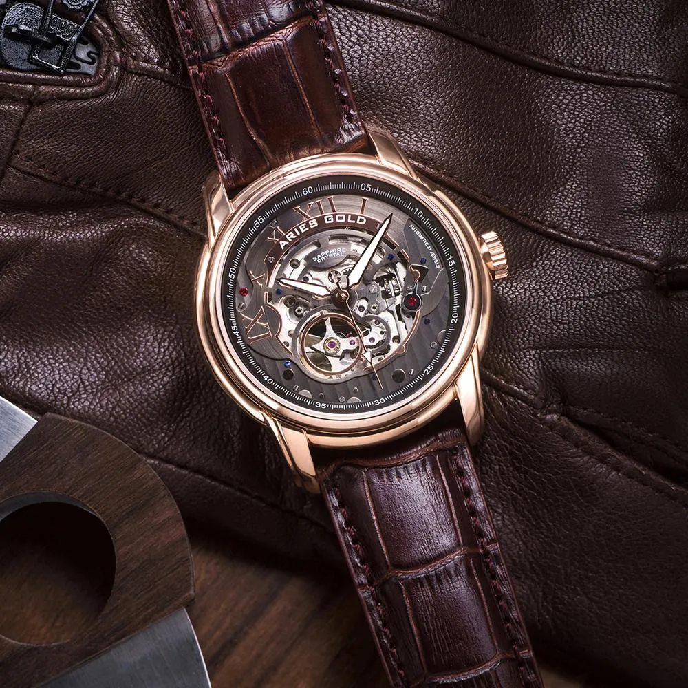 Aries Gold Automatic Infinum El Toro Gold Stainless Steel Brown Leather Strap G 9005A RG-BK Watch