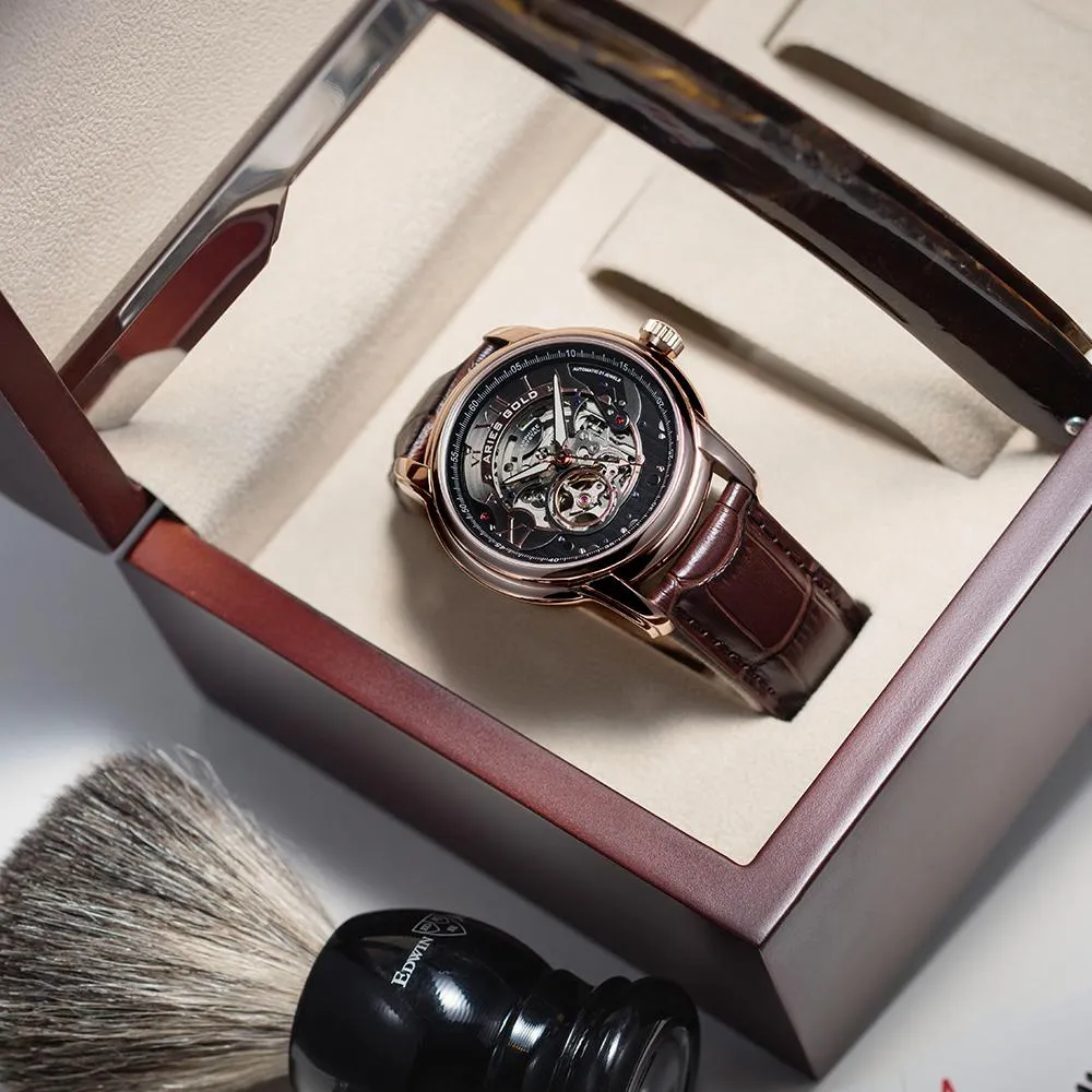 Aries Gold Automatic Infinum El Toro Gold Stainless Steel Brown Leather Strap G 9005A RG-BK Watch