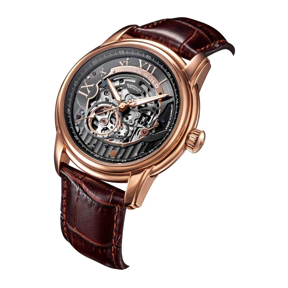 Aries Gold Automatic Infinum El Toro Gold Stainless Steel Brown Leather Strap G 9005A RG-BK Watch