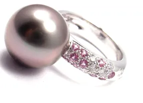 Authentic! Cartier 18K White Gold Tahitian Pearl Diamond Pink Sapphire Ring