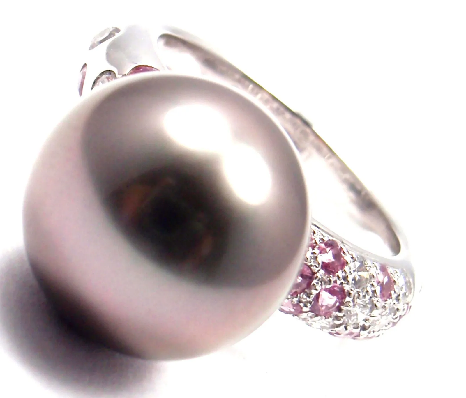 Authentic! Cartier 18K White Gold Tahitian Pearl Diamond Pink Sapphire Ring