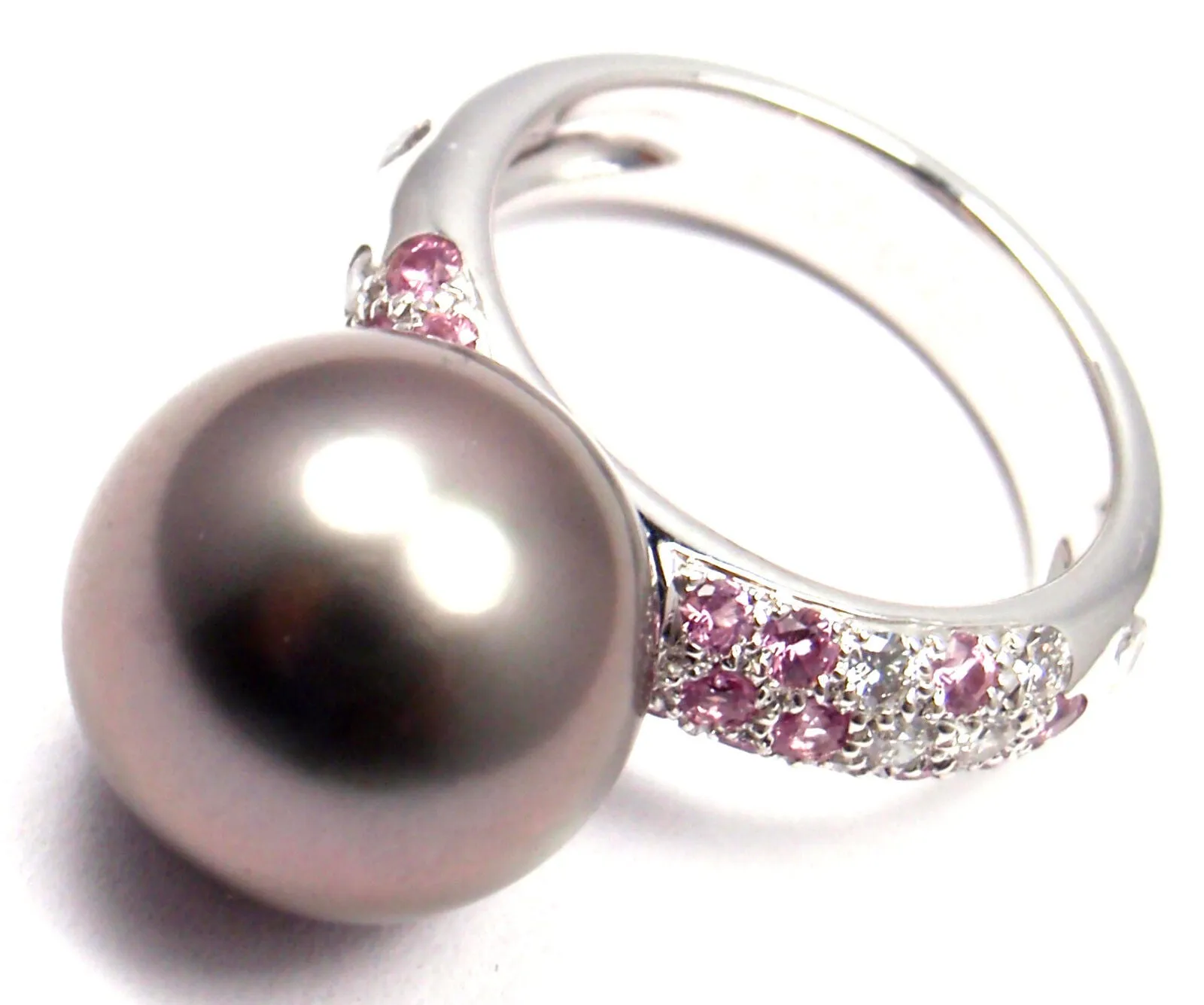 Authentic! Cartier 18K White Gold Tahitian Pearl Diamond Pink Sapphire Ring