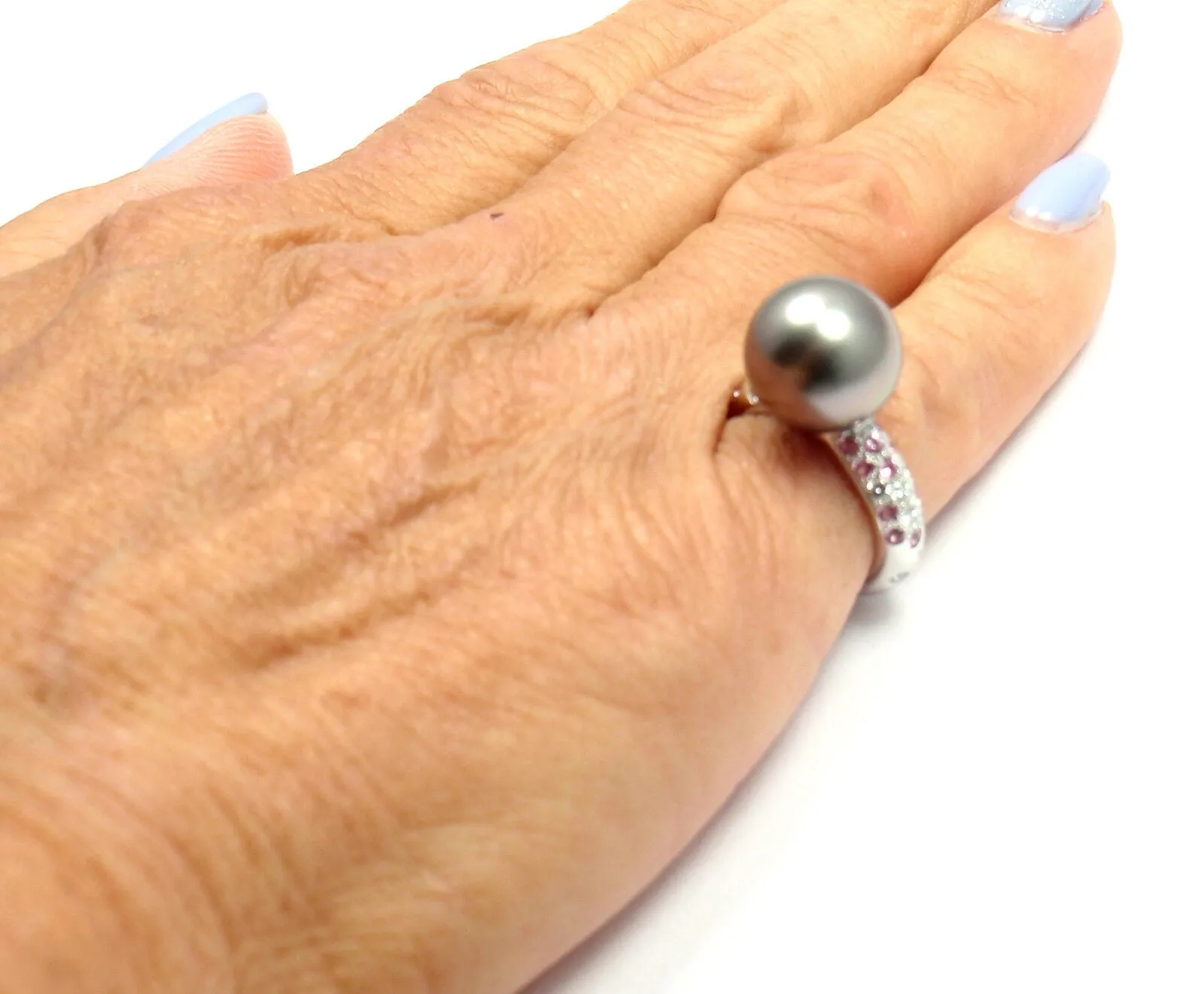 Authentic! Cartier 18K White Gold Tahitian Pearl Diamond Pink Sapphire Ring