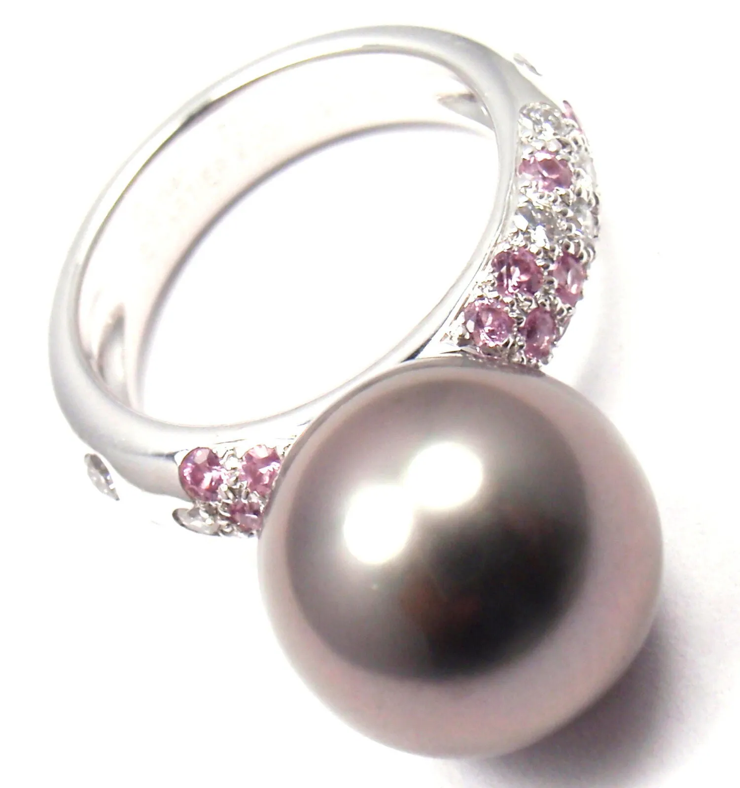 Authentic! Cartier 18K White Gold Tahitian Pearl Diamond Pink Sapphire Ring