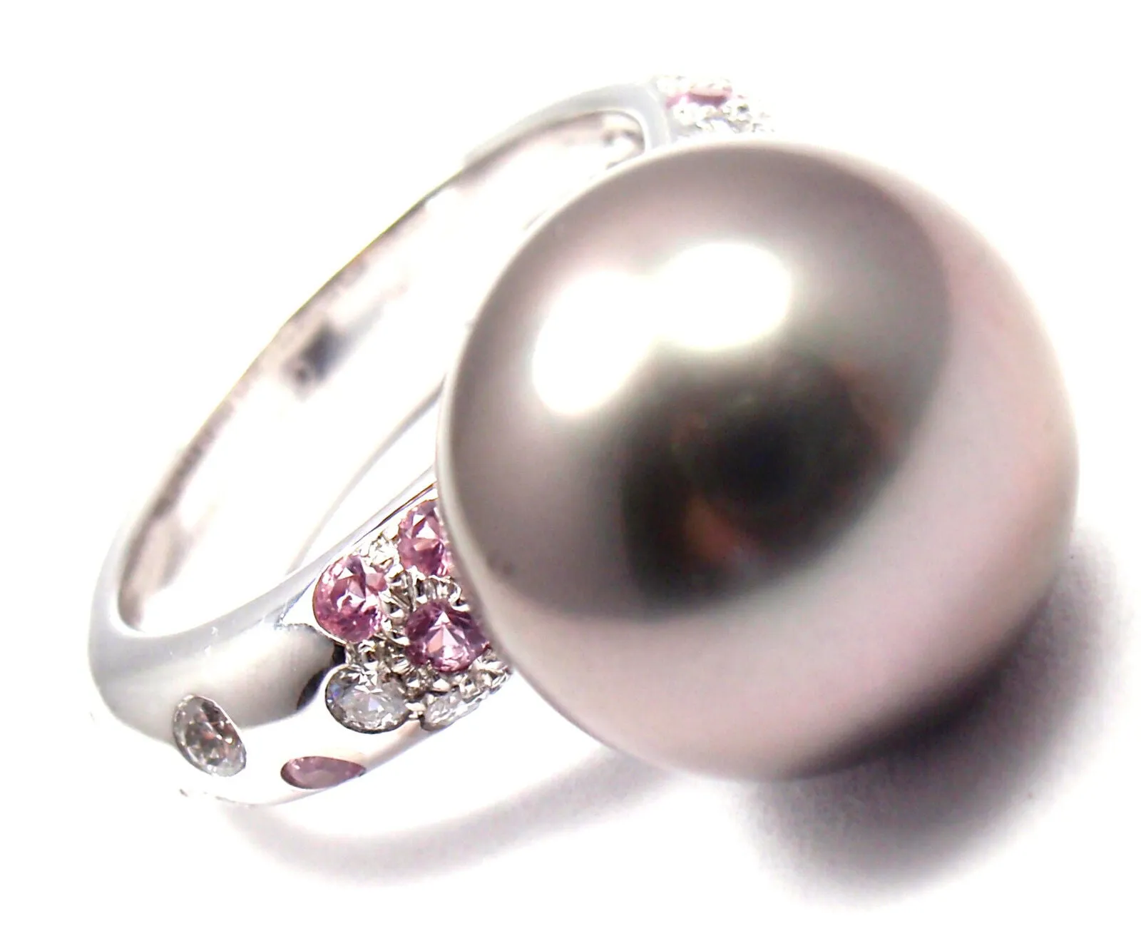 Authentic! Cartier 18K White Gold Tahitian Pearl Diamond Pink Sapphire Ring