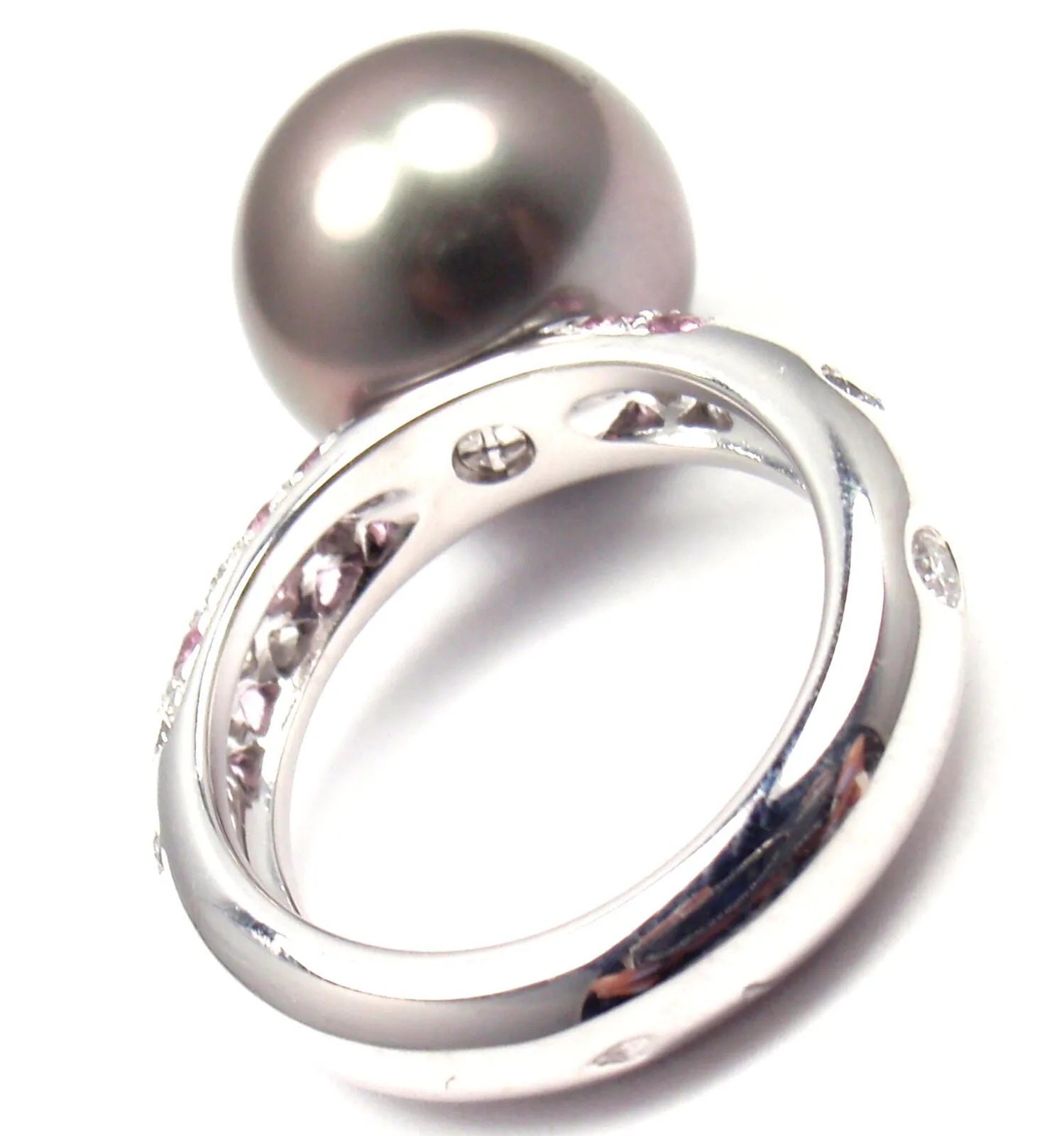 Authentic! Cartier 18K White Gold Tahitian Pearl Diamond Pink Sapphire Ring