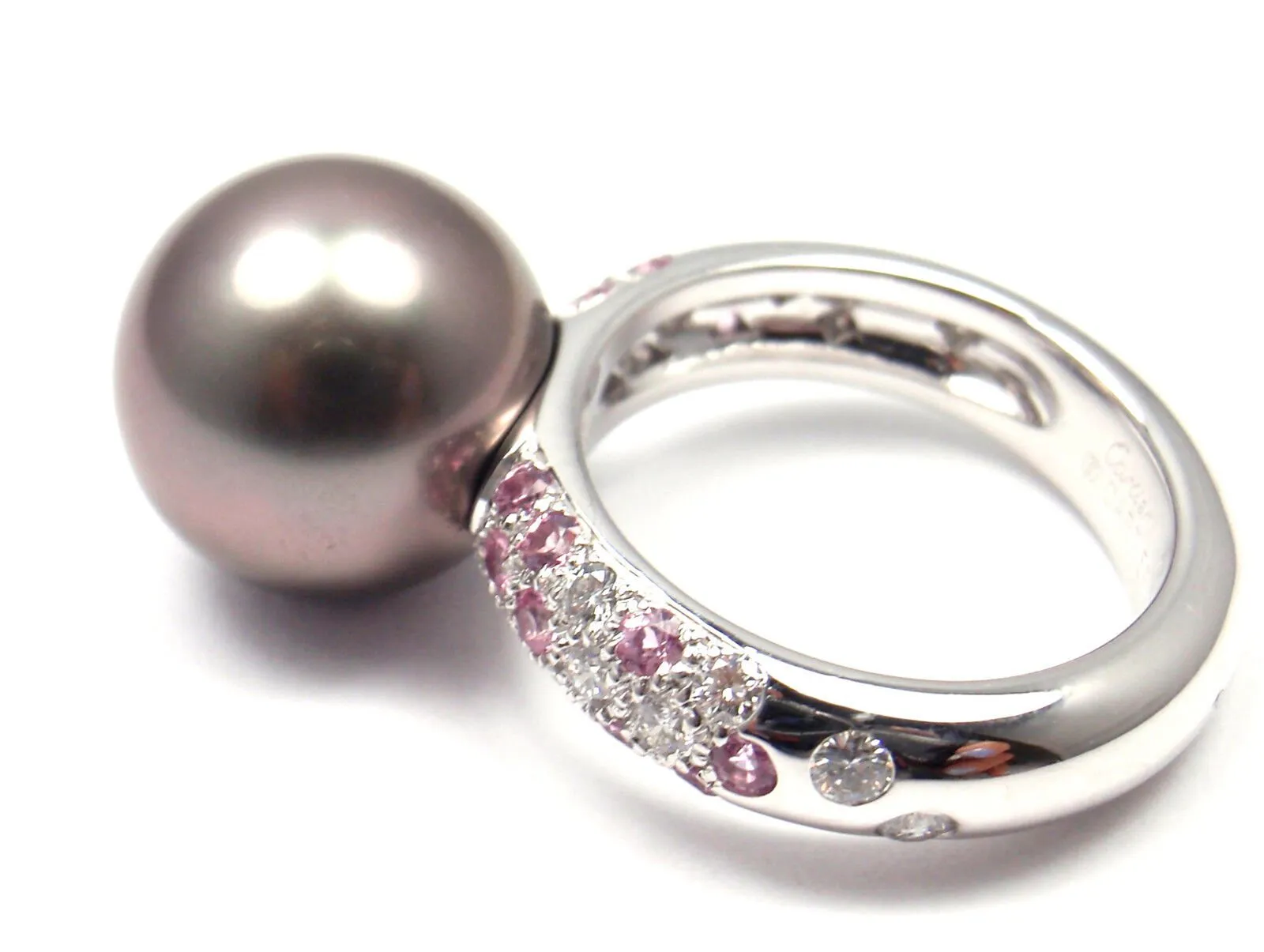 Authentic! Cartier 18K White Gold Tahitian Pearl Diamond Pink Sapphire Ring