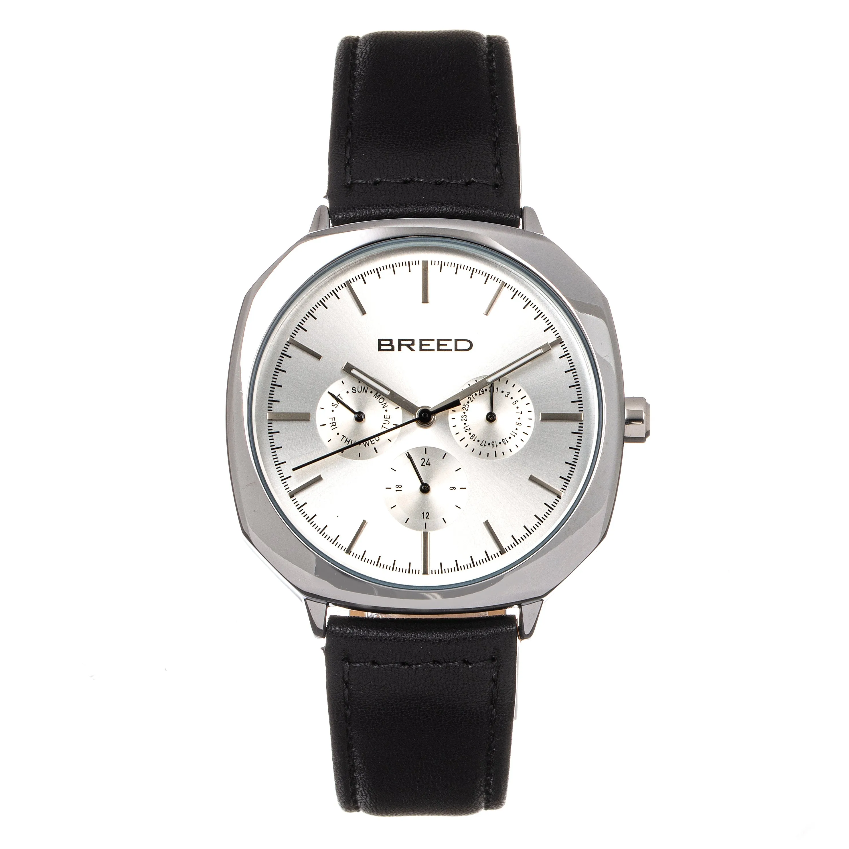Breed Revolver Leather-Band Watch w/Day/Date - Black/Silver