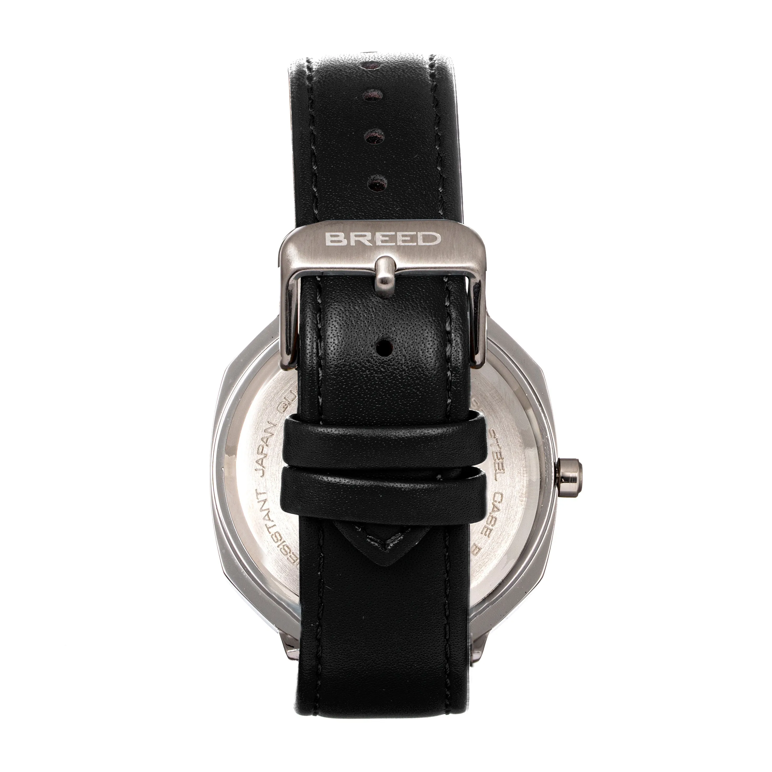 Breed Revolver Leather-Band Watch w/Day/Date - Black/Silver