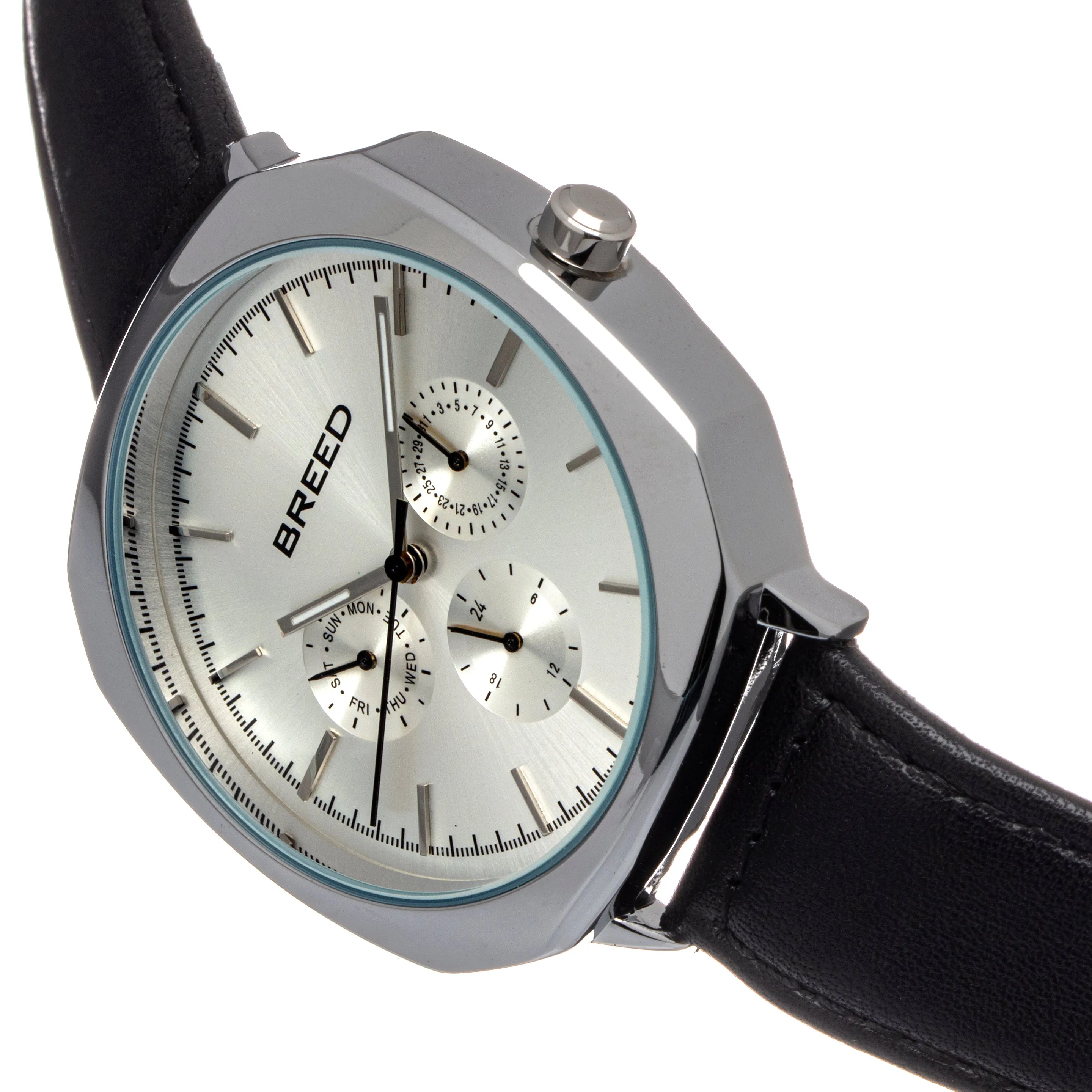 Breed Revolver Leather-Band Watch w/Day/Date - Black/Silver