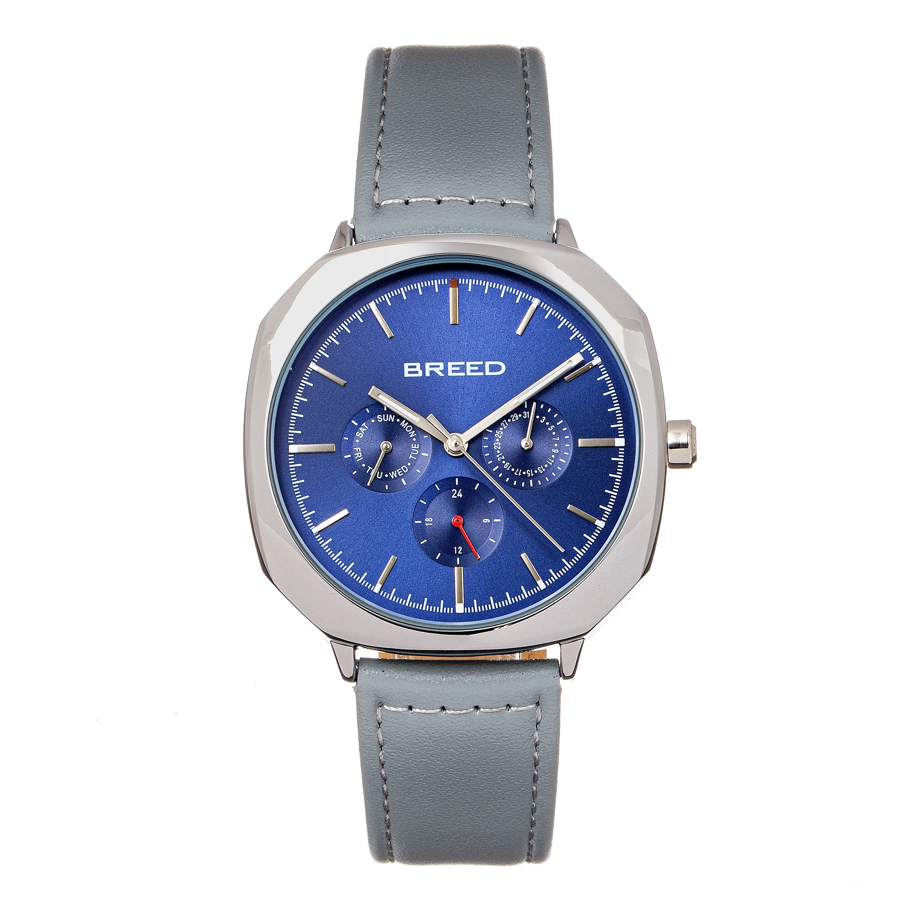 Breed Revolver Leather-Band Watch w/Day/Date - Grey/Navy