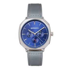 Breed Revolver Leather-Band Watch w/Day/Date - Grey/Navy
