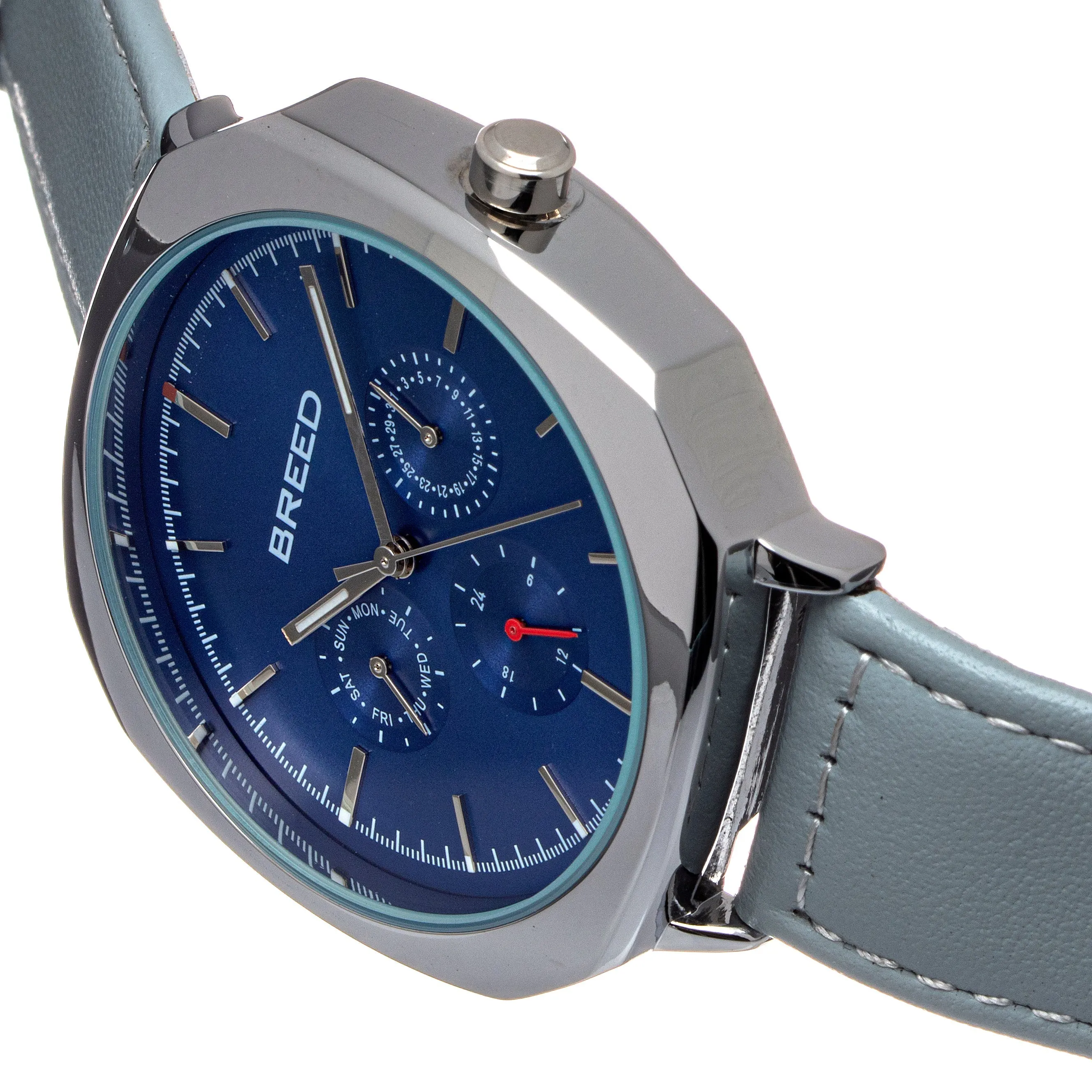 Breed Revolver Leather-Band Watch w/Day/Date - Grey/Navy