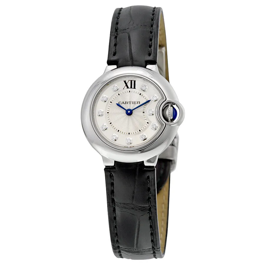 Cartier Ballon Bleu Silver Diamond Dial Black Alligator Leather W4BB0008