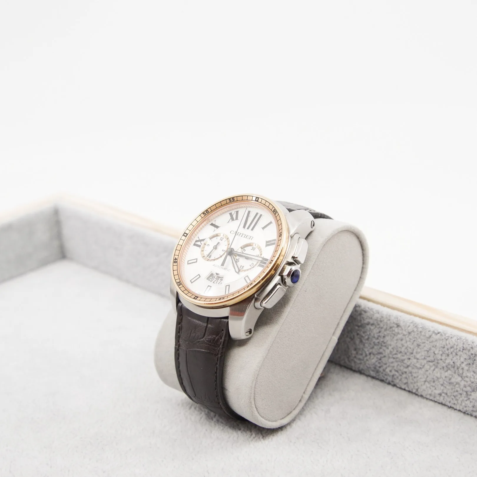 cartier running car watch in rg crocodile strap