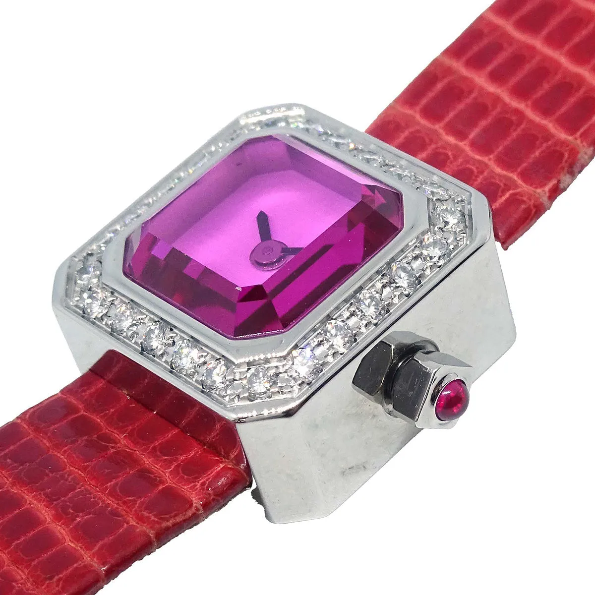 Corum Sugar Cube Ref.137.424.47 Quartz Watch SS Diamond Red Lizard