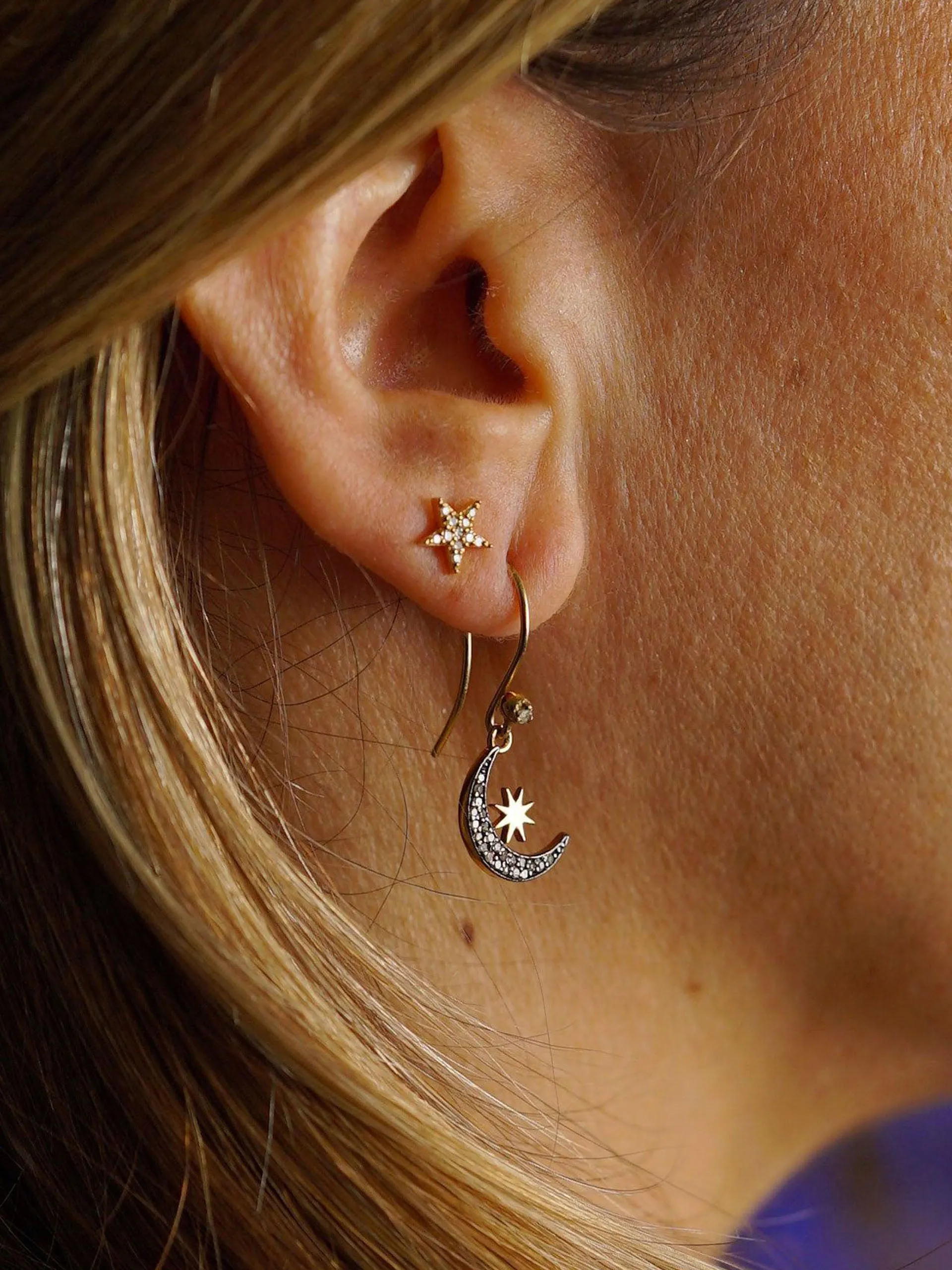 Diamond moon and star earrings