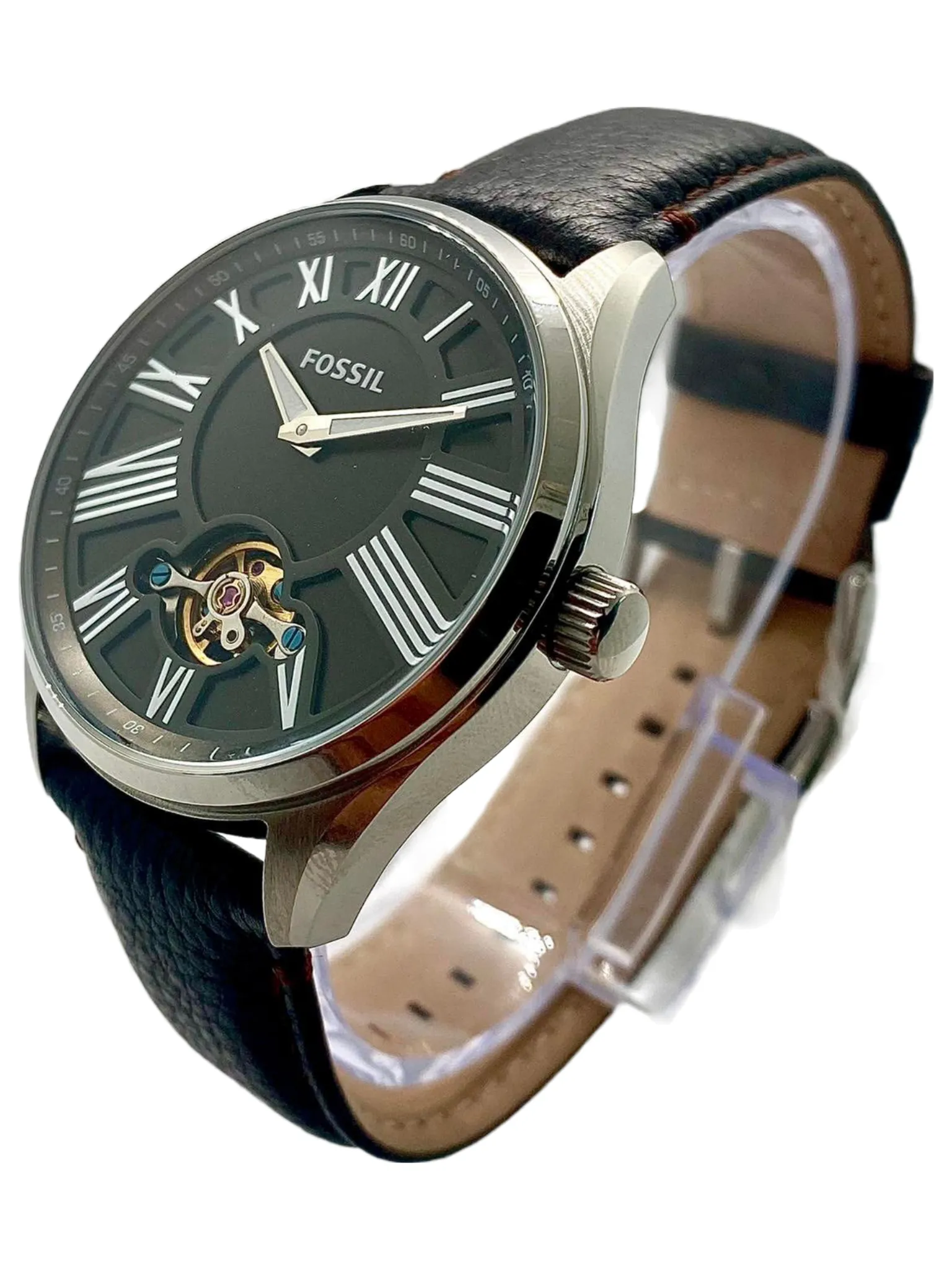 Fossil Black Dial Leather Automatic Men's Watch BQ1142