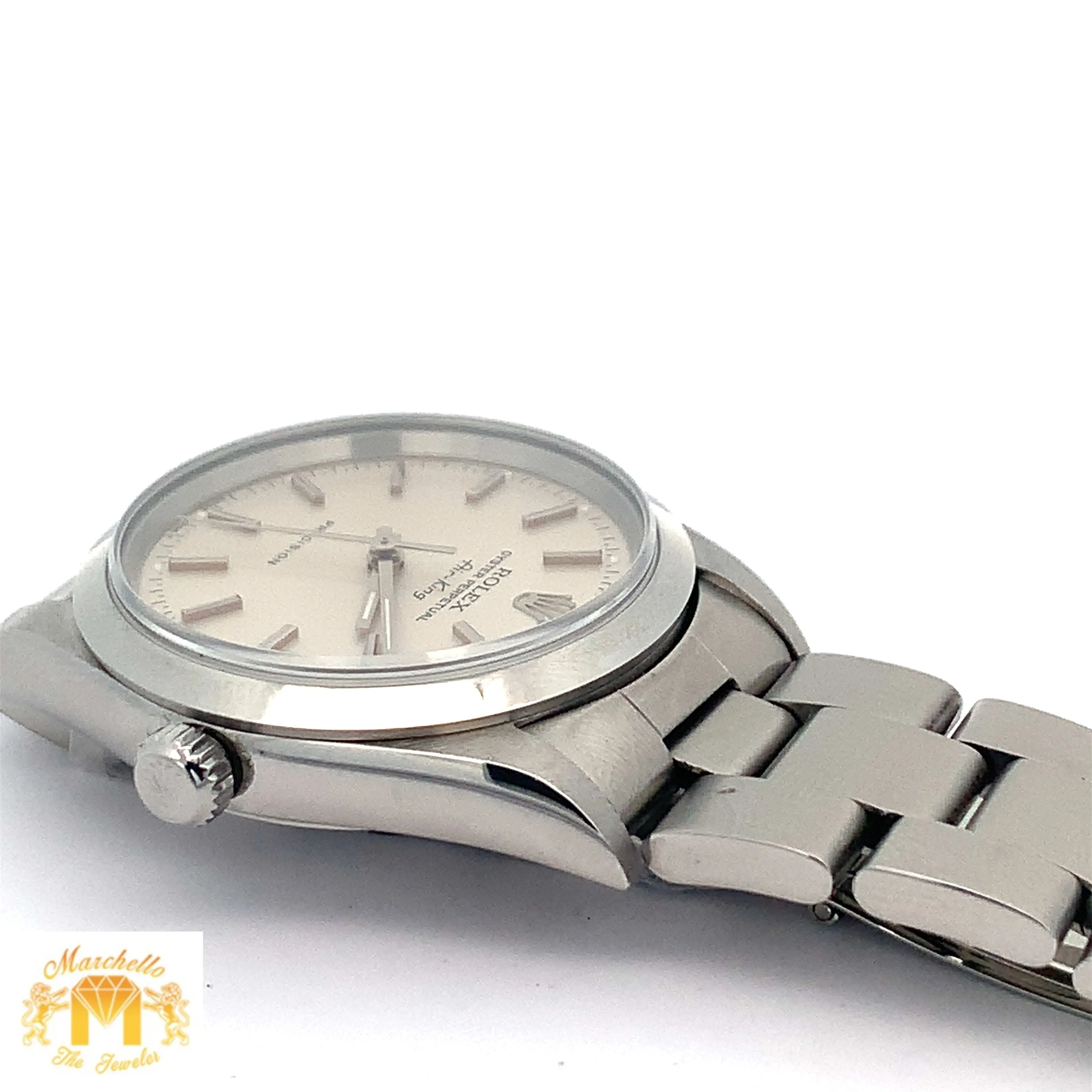 Full factory 34mm Rolex Air-King Watch with Stainless Steel Oyster Bracelet (smooth bezel, silver dial)