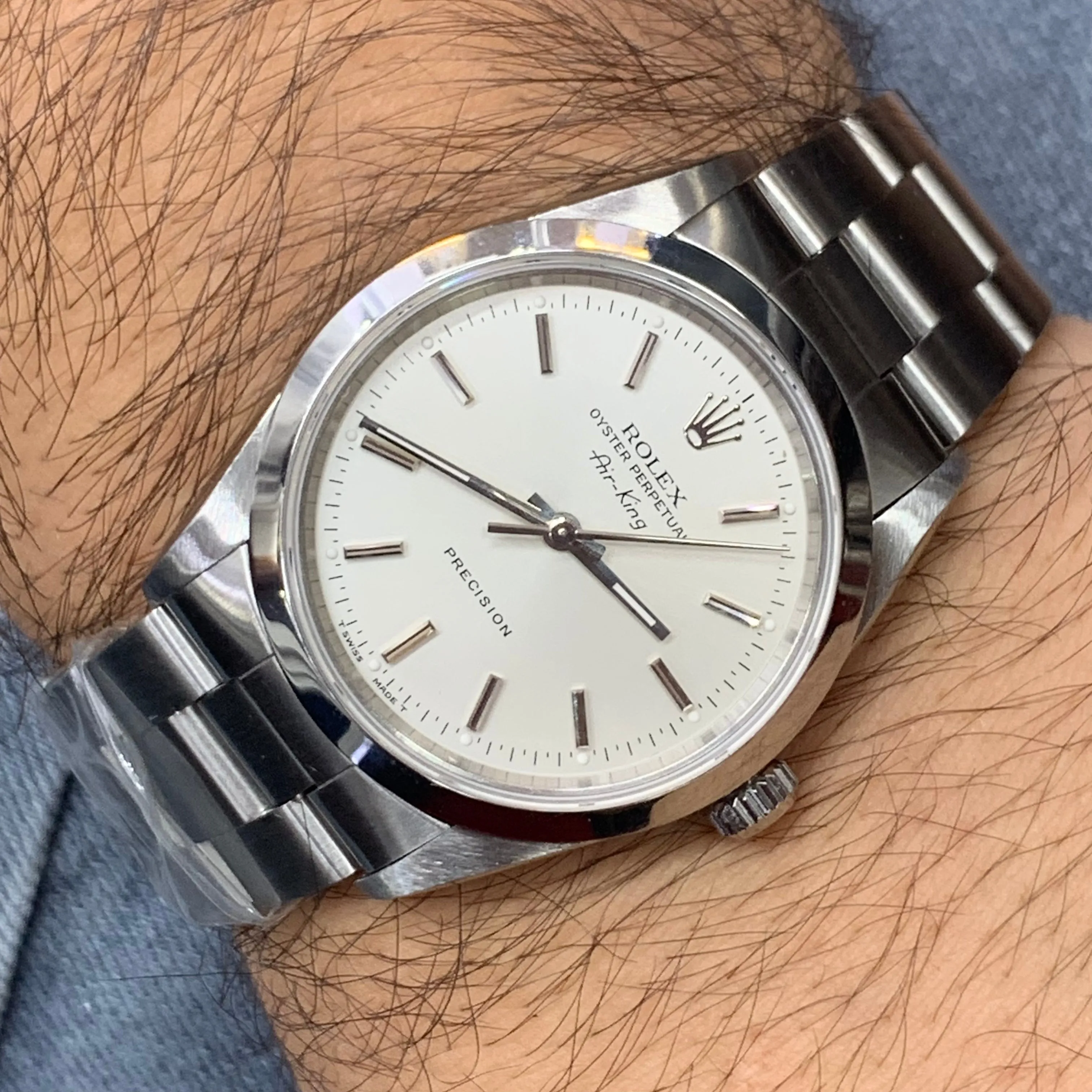 Full factory 34mm Rolex Air-King Watch with Stainless Steel Oyster Bracelet (smooth bezel, silver dial)