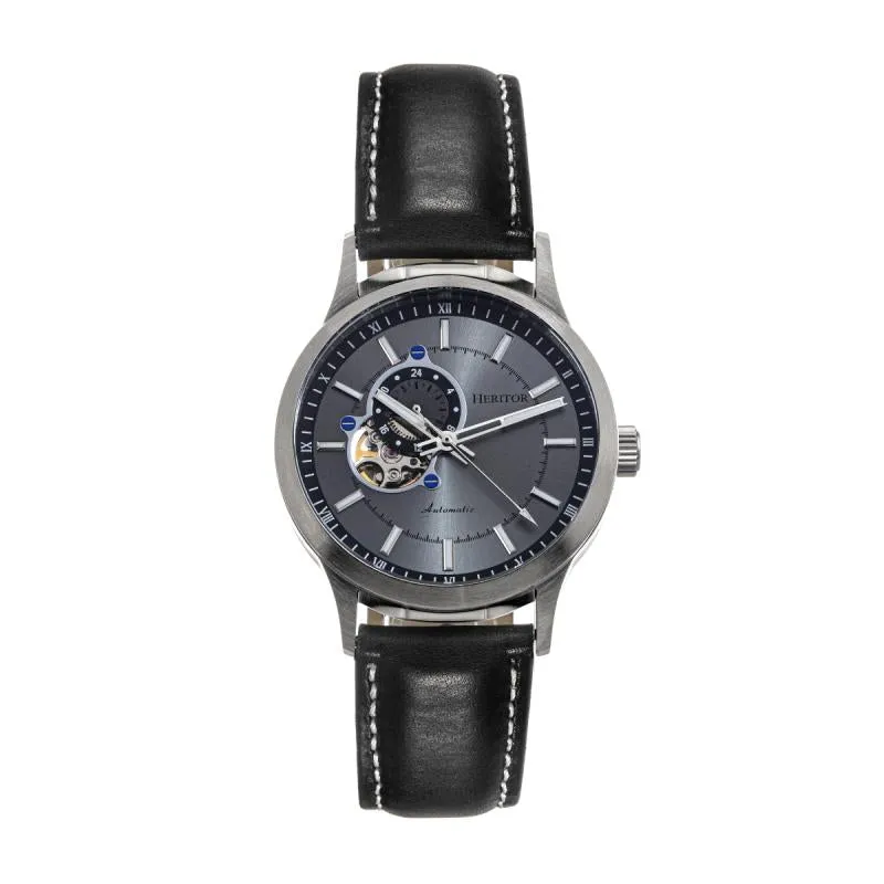 Heritor Automatic Oscar Semi-Skeleton Leather-Band Watch