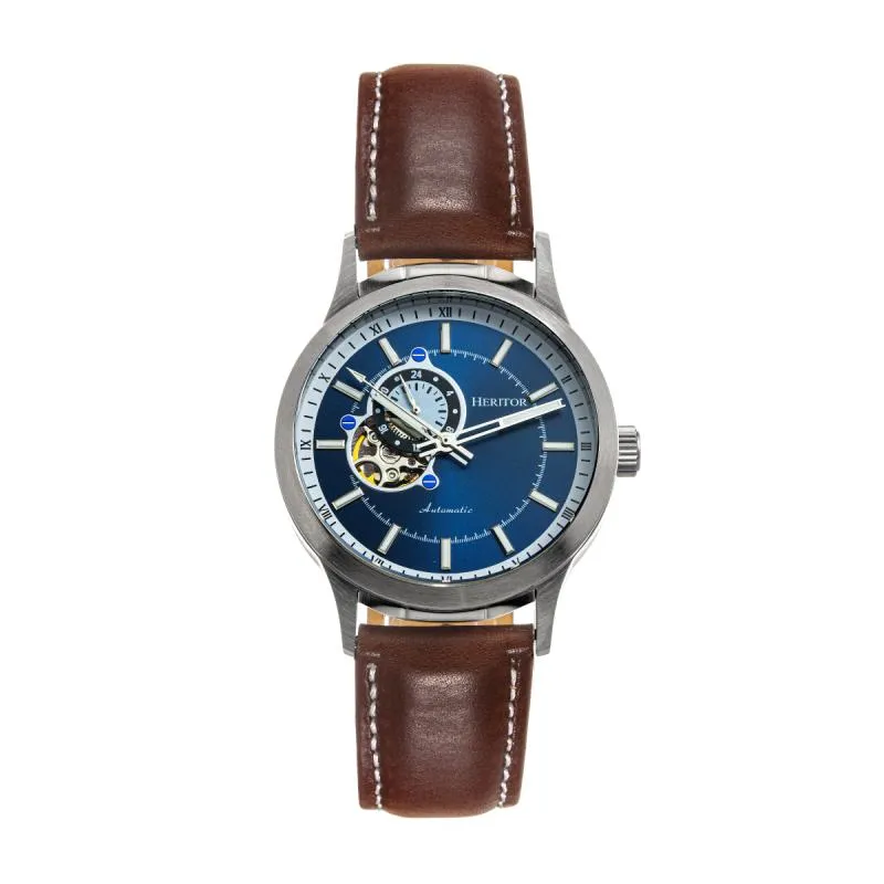 Heritor Automatic Oscar Semi-Skeleton Leather-Band Watch