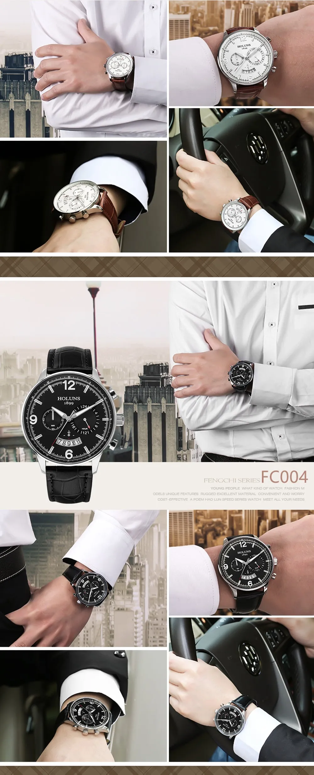 HOLUNS Men Leather Wrist Watch