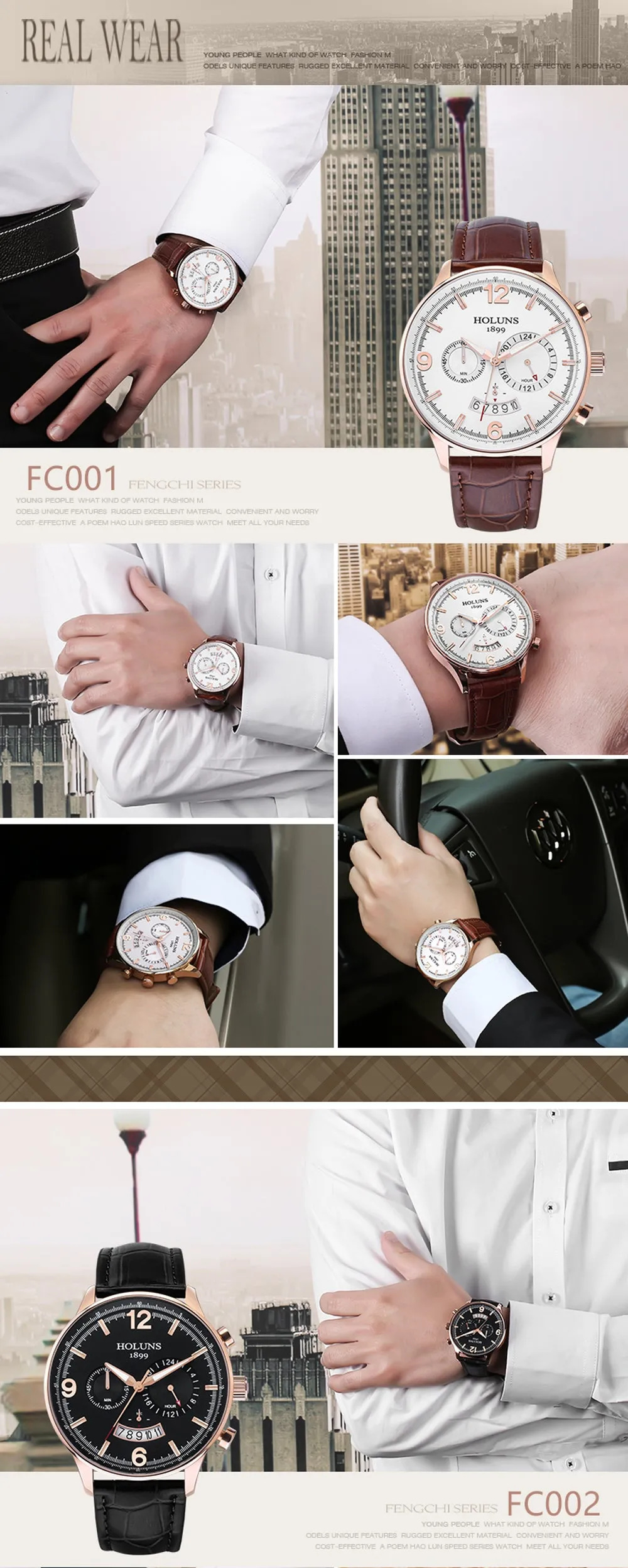 HOLUNS Men Leather Wrist Watch