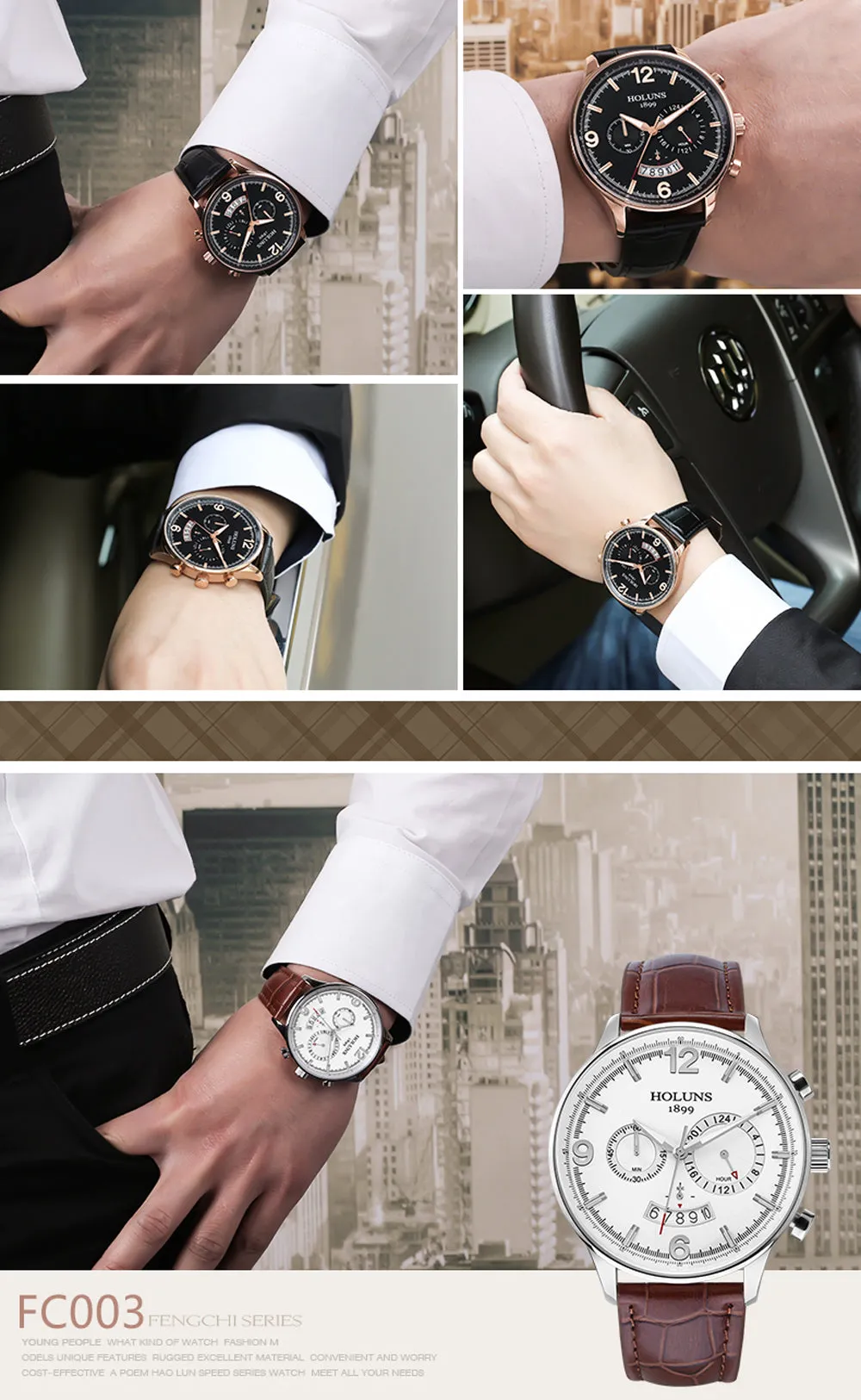 HOLUNS Men Leather Wrist Watch