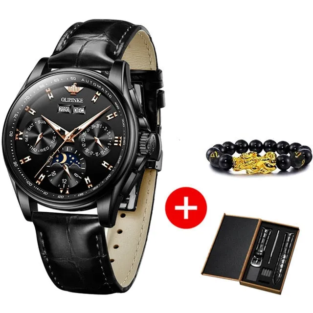 Leather Sapphire Waterproof Sports Moon Phase Wristwatch