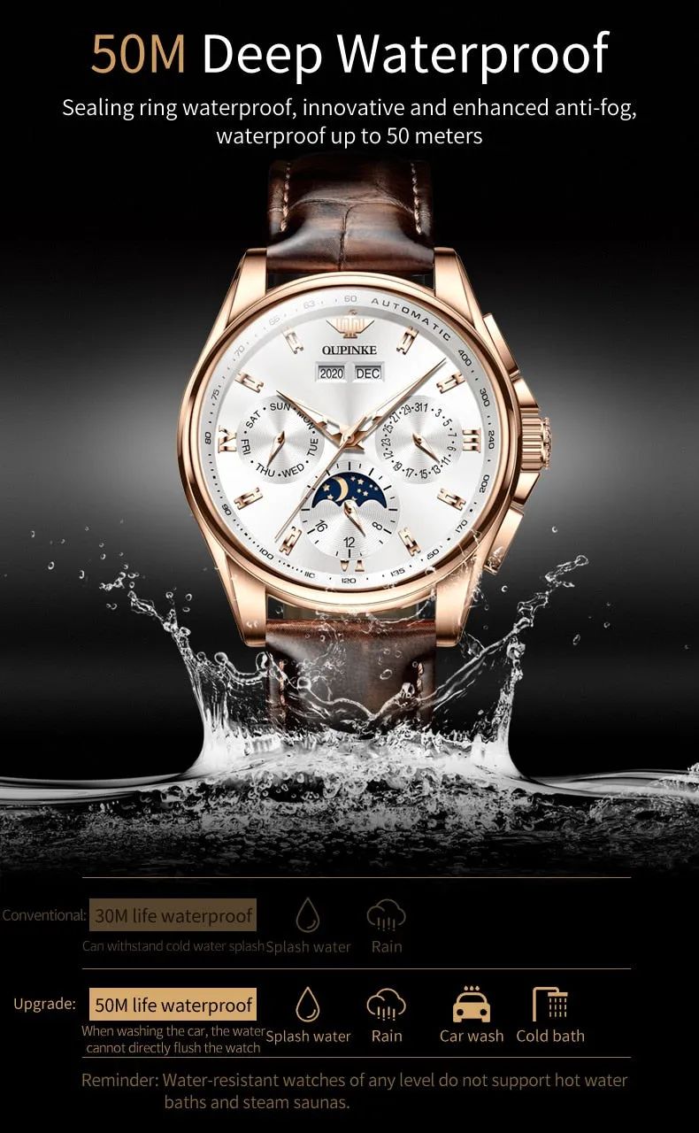 Leather Sapphire Waterproof Sports Moon Phase Wristwatch