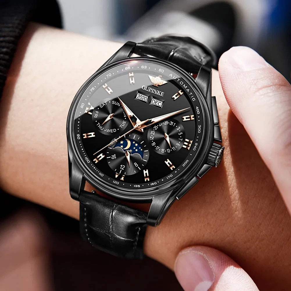 Leather Sapphire Waterproof Sports Moon Phase Wristwatch