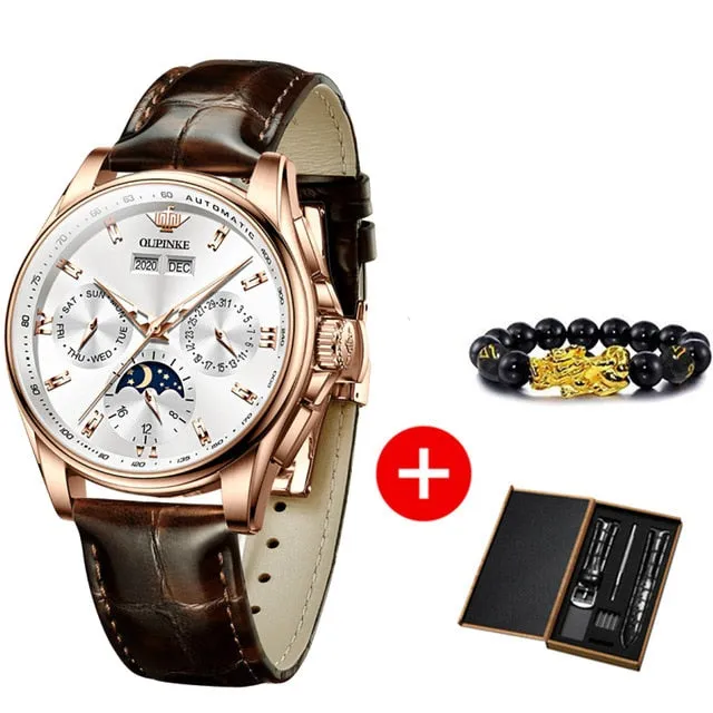 Leather Sapphire Waterproof Sports Moon Phase Wristwatch