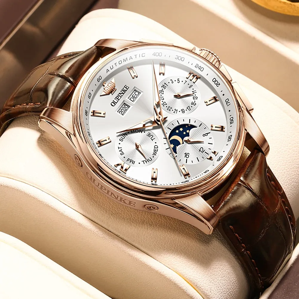 Leather Sapphire Waterproof Sports Moon Phase Wristwatch