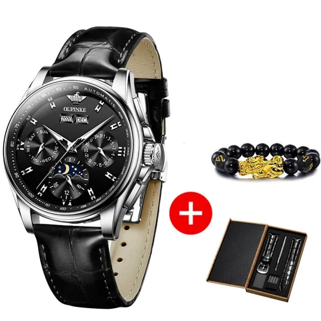 Leather Sapphire Waterproof Sports Moon Phase Wristwatch