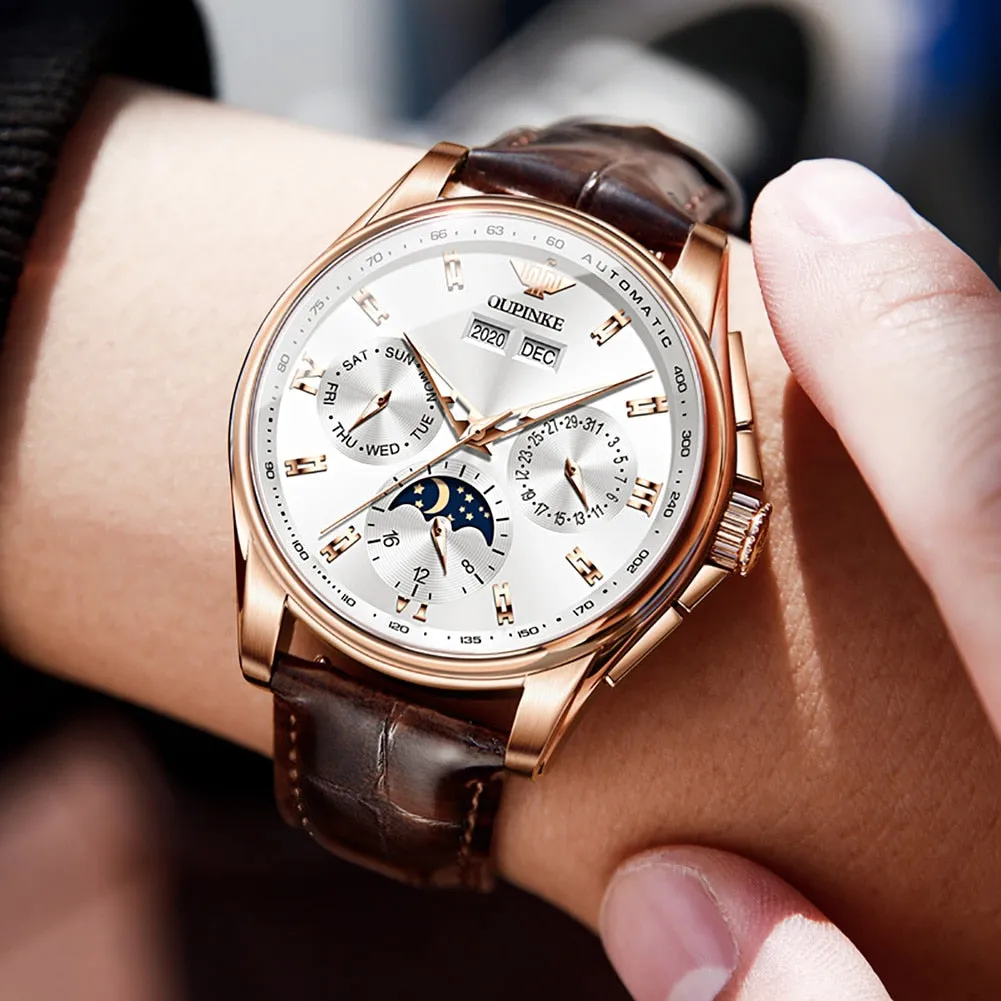 Leather Sapphire Waterproof Sports Moon Phase Wristwatch