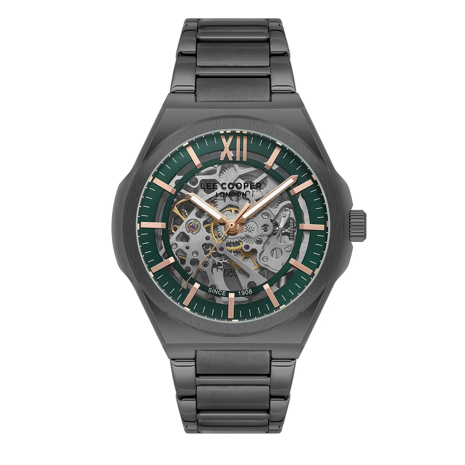 Lee Cooper Men's Automatic Watch Analog Green Dial with Grey Stainless Steel Band, LC08051.070