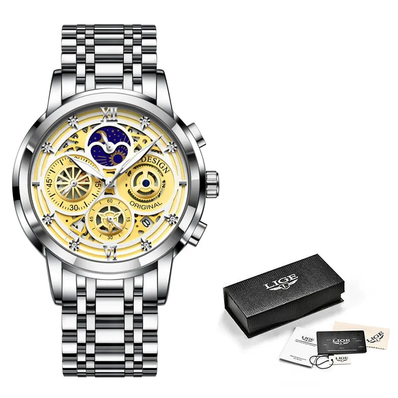 LIGE Fashion Mens Watches Top Brand Luxury Wrist Watch Quartz Clock Gold Watch Men Waterproof Chronograph Relogio Masculino
