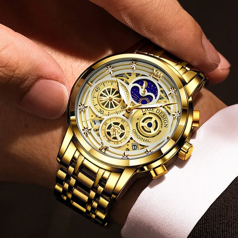 LIGE Fashion Mens Watches Top Brand Luxury Wrist Watch Quartz Clock Gold Watch Men Waterproof Chronograph Relogio Masculino