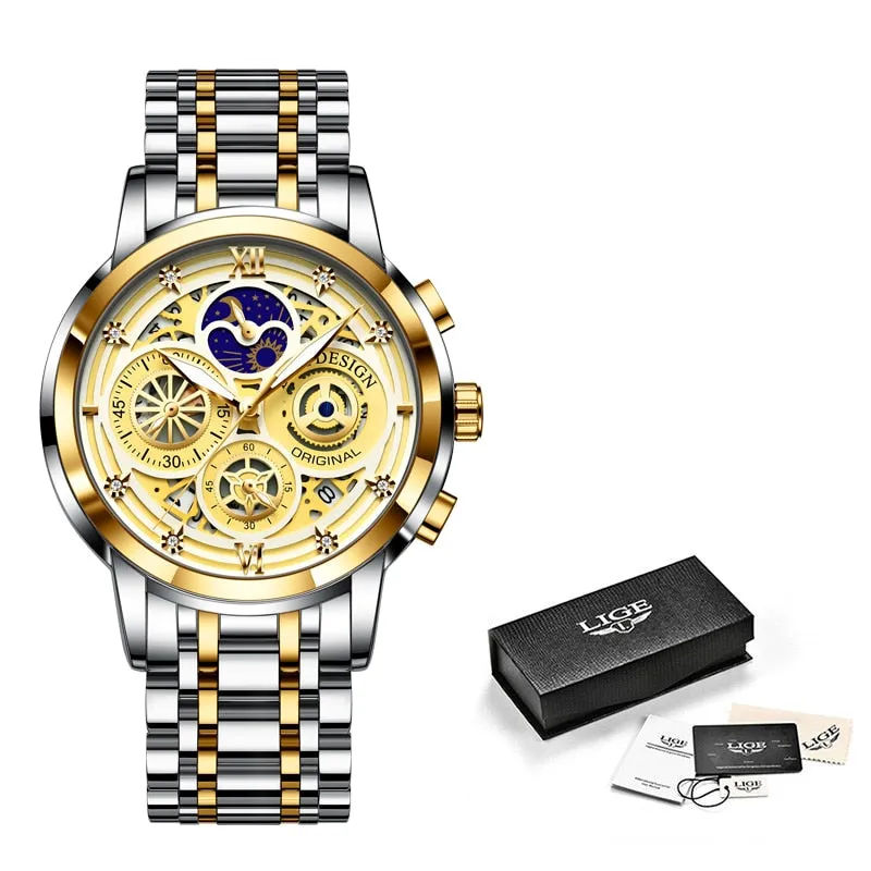 LIGE Fashion Mens Watches Top Brand Luxury Wrist Watch Quartz Clock Gold Watch Men Waterproof Chronograph Relogio Masculino
