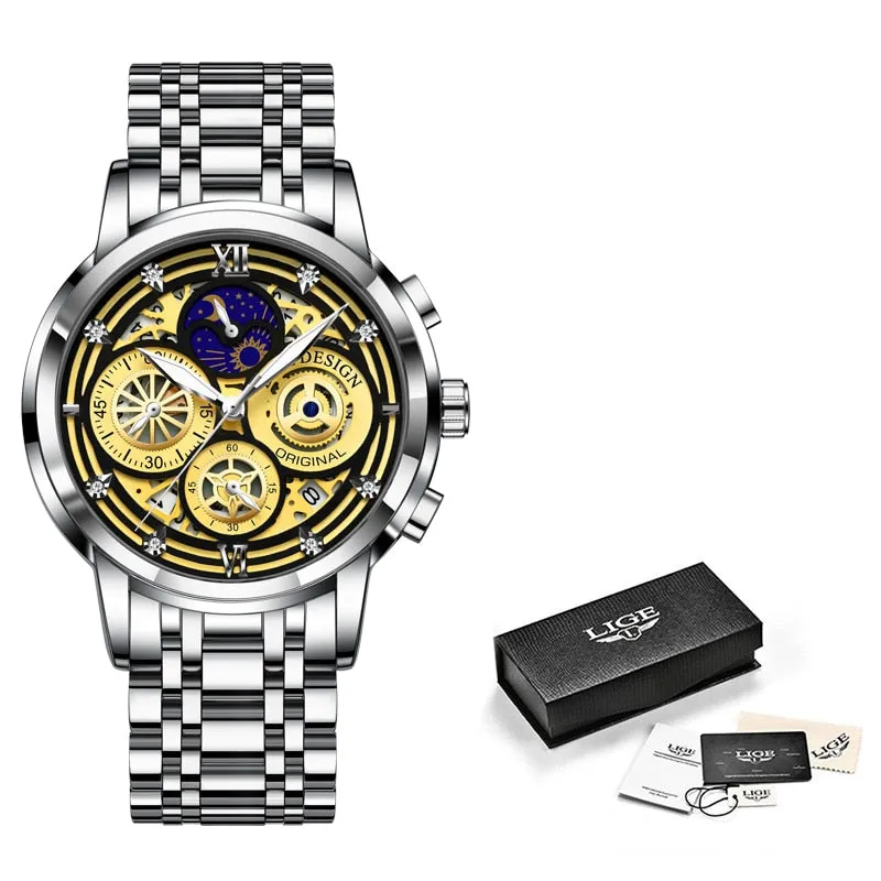 LIGE Fashion Mens Watches Top Brand Luxury Wrist Watch Quartz Clock Gold Watch Men Waterproof Chronograph Relogio Masculino