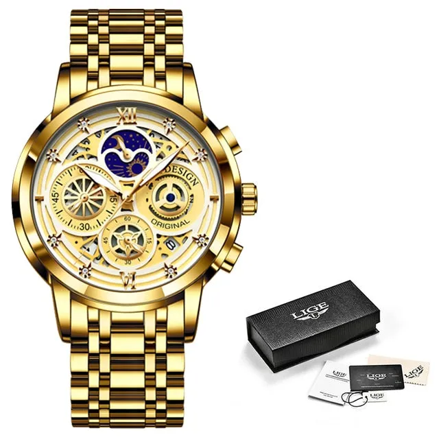 LIGE Fashion Mens Watches Top Brand Luxury Wrist Watch Quartz Clock Gold Watch Men Waterproof Chronograph Relogio Masculino