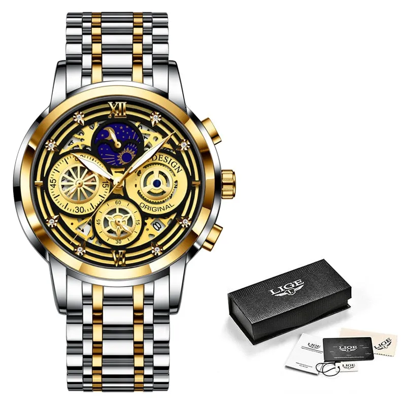 LIGE Fashion Mens Watches Top Brand Luxury Wrist Watch Quartz Clock Gold Watch Men Waterproof Chronograph Relogio Masculino