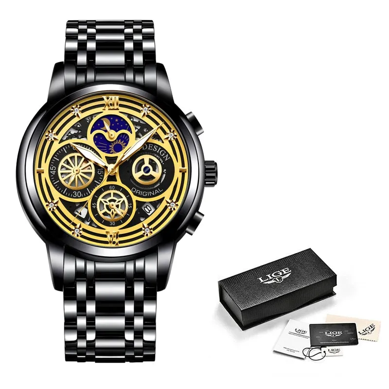 LIGE Fashion Mens Watches Top Brand Luxury Wrist Watch Quartz Clock Gold Watch Men Waterproof Chronograph Relogio Masculino