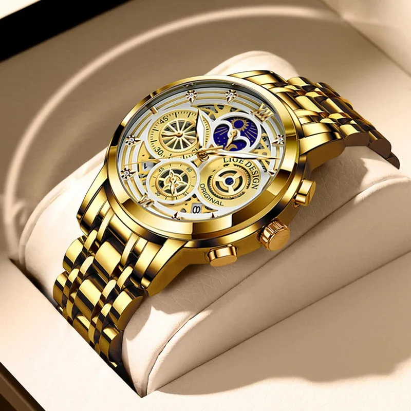 LIGE Fashion Mens Watches Top Brand Luxury Wrist Watch Quartz Clock Gold Watch Men Waterproof Chronograph Relogio Masculino