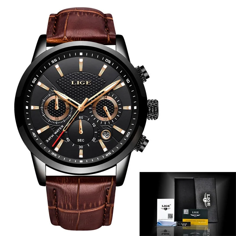 LIGE Top Brand Luxury Fashion New Leather Strap Quartz Men Watches Casual Date Business Male Wristwatches Homme Montre Clock Box